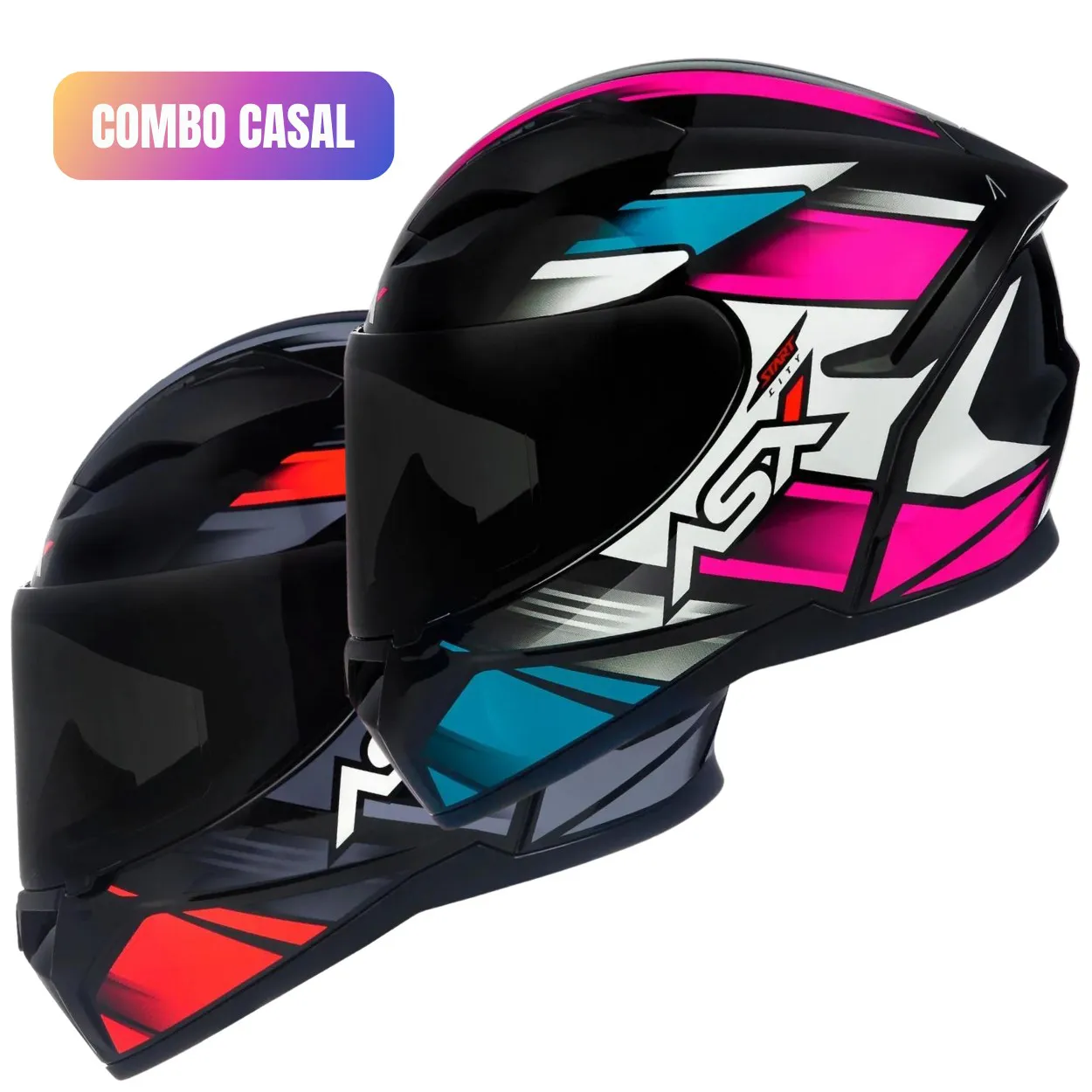Imagem 1 de 8 de Combo Casal Capacete Asx City Arrow Vermelho/Roxo Masculino/Feminino